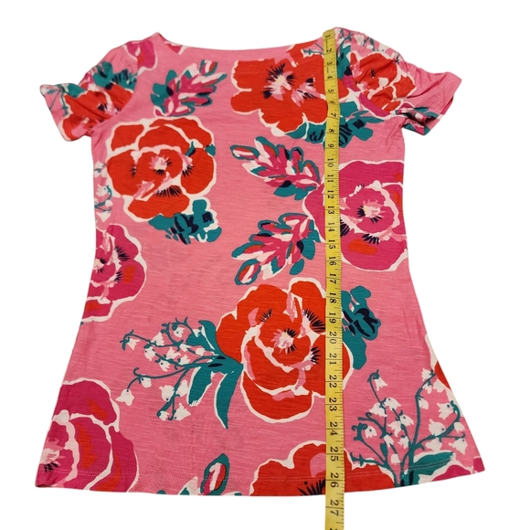Lilly Pulitzer Pink Floral Ruched Puff Sleeve Slim Fit T-Shirt Size L - Picture 8 of 11